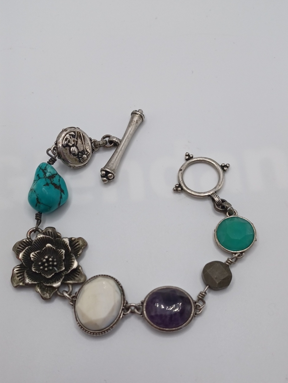 Multi-Stone Silver Flower Toggle Bracelet - Turquoise, Purple, White